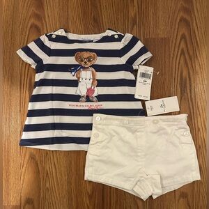 Polo Ralph Lauren BLUE Baby Girls Striped Polo Bear Tee & Short Set, Size 12M